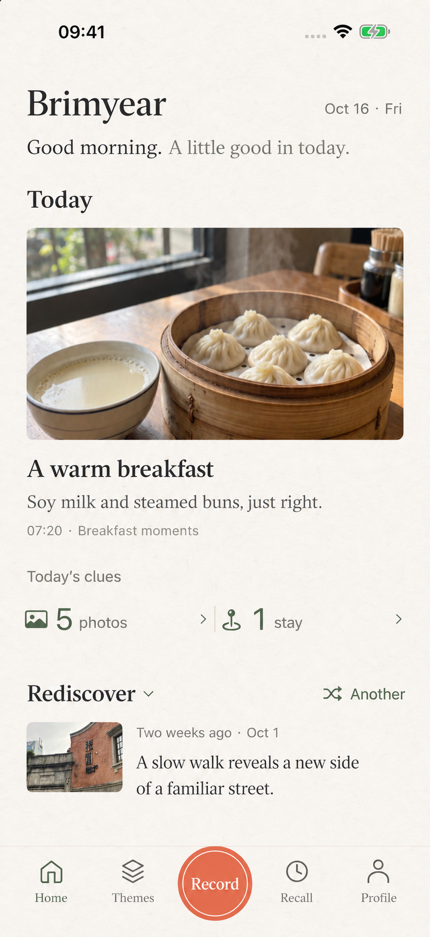 Brimyear Home in an English interface preview, with a breakfast record, optional daily clues and an earlier moment