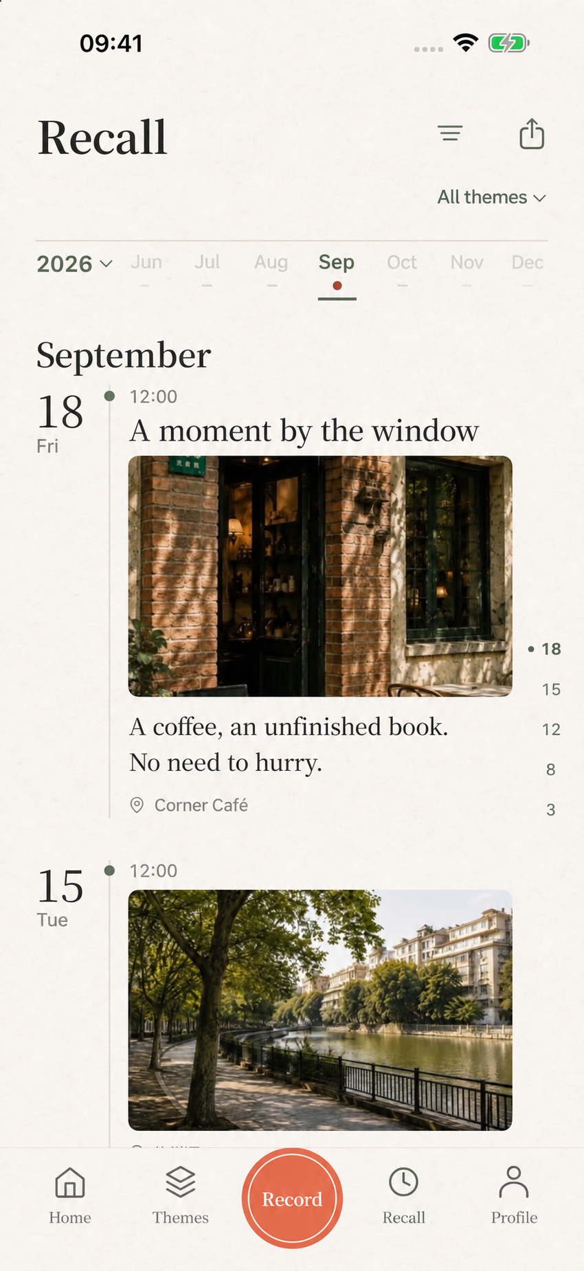 English Recall timeline showing dated photos and writing with year and month navigation — English interface preview